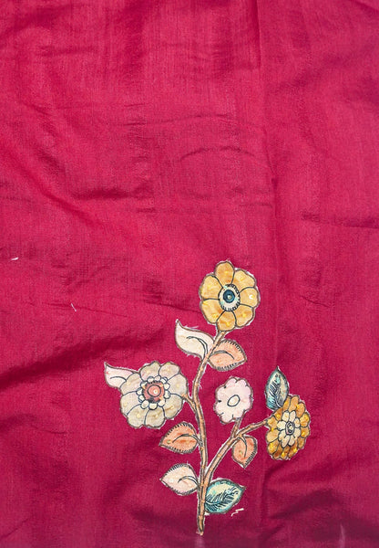 Semi Raw Silk Saree - Red With Floral Hand-Painted Designs