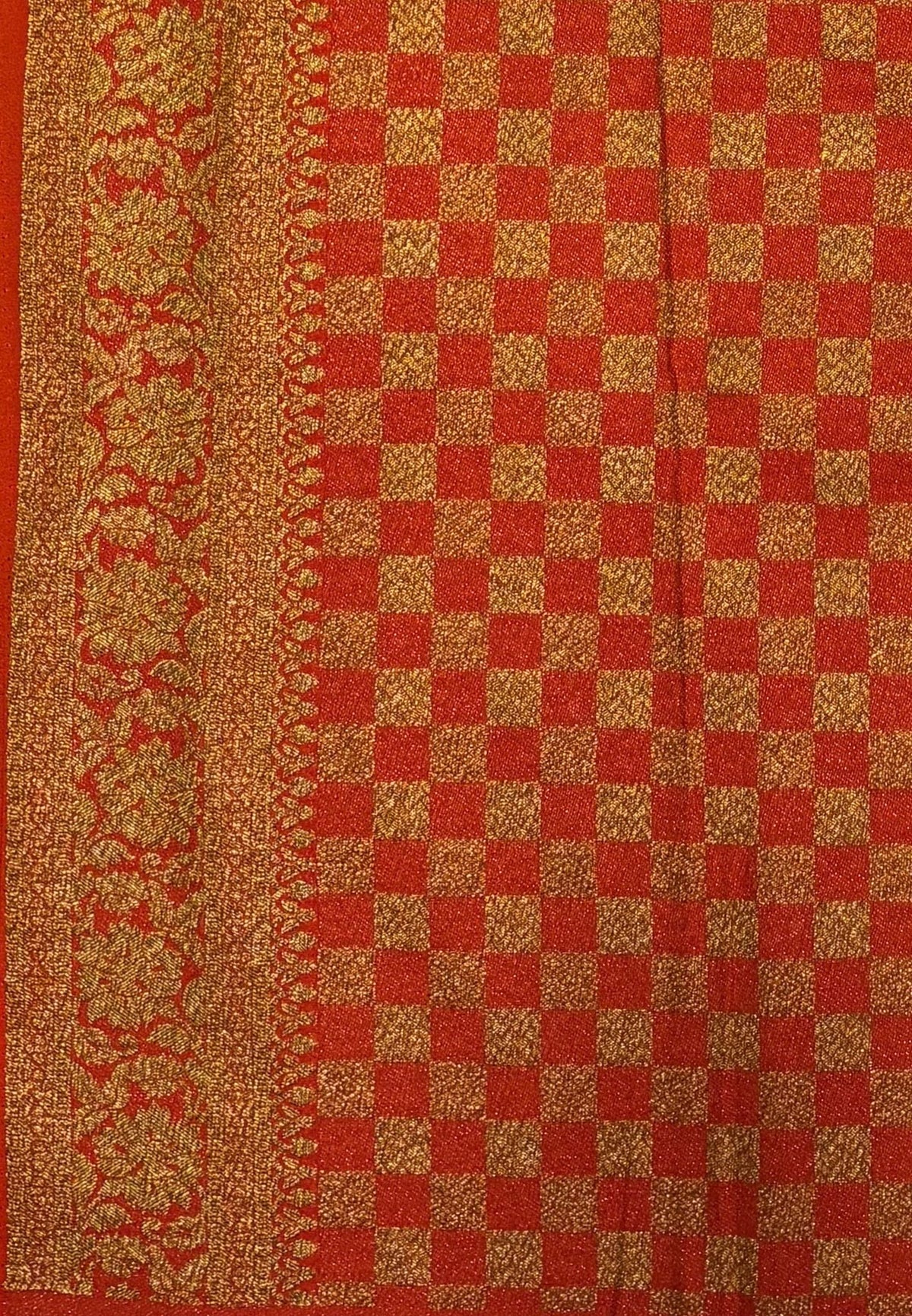 Banarasi Crepe Saree-Apple Green In Square Check Brocade With Contrast Border