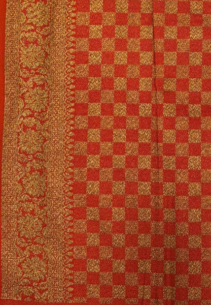 Banarasi Crepe Saree-Apple Green In Square Check Brocade With Contrast Border
