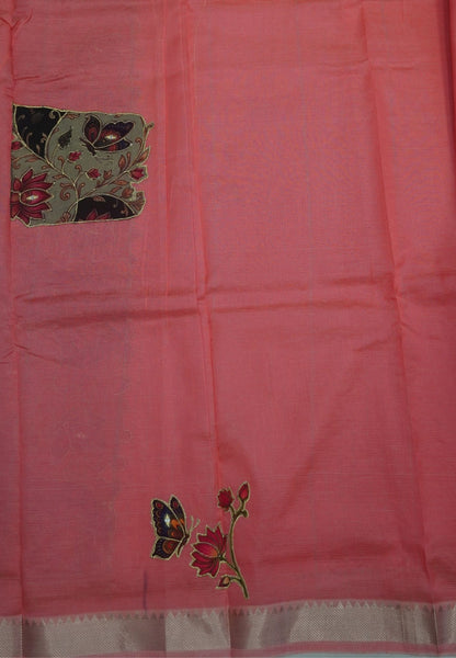 Pure Mangalgiri Silk Saree-Peach in Tanjore Print with Aplique Work