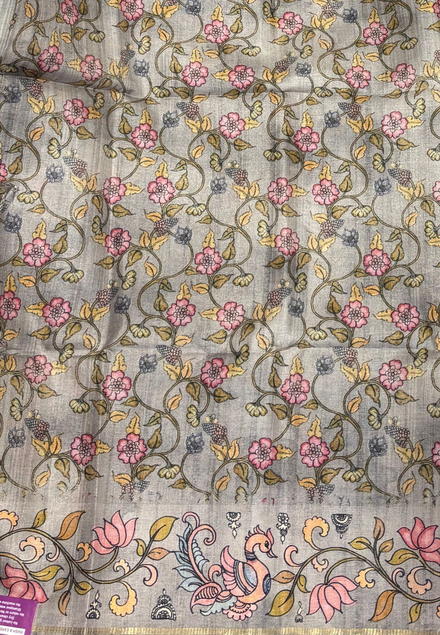 Matka Tussar Saree-Grey with Kalamkari Border