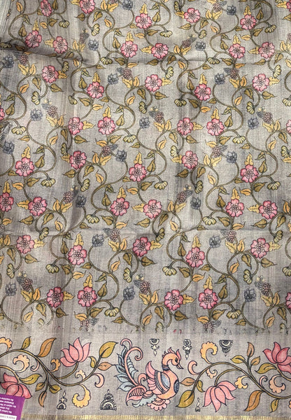 Matka Tussar Saree-Grey with Kalamkari Border