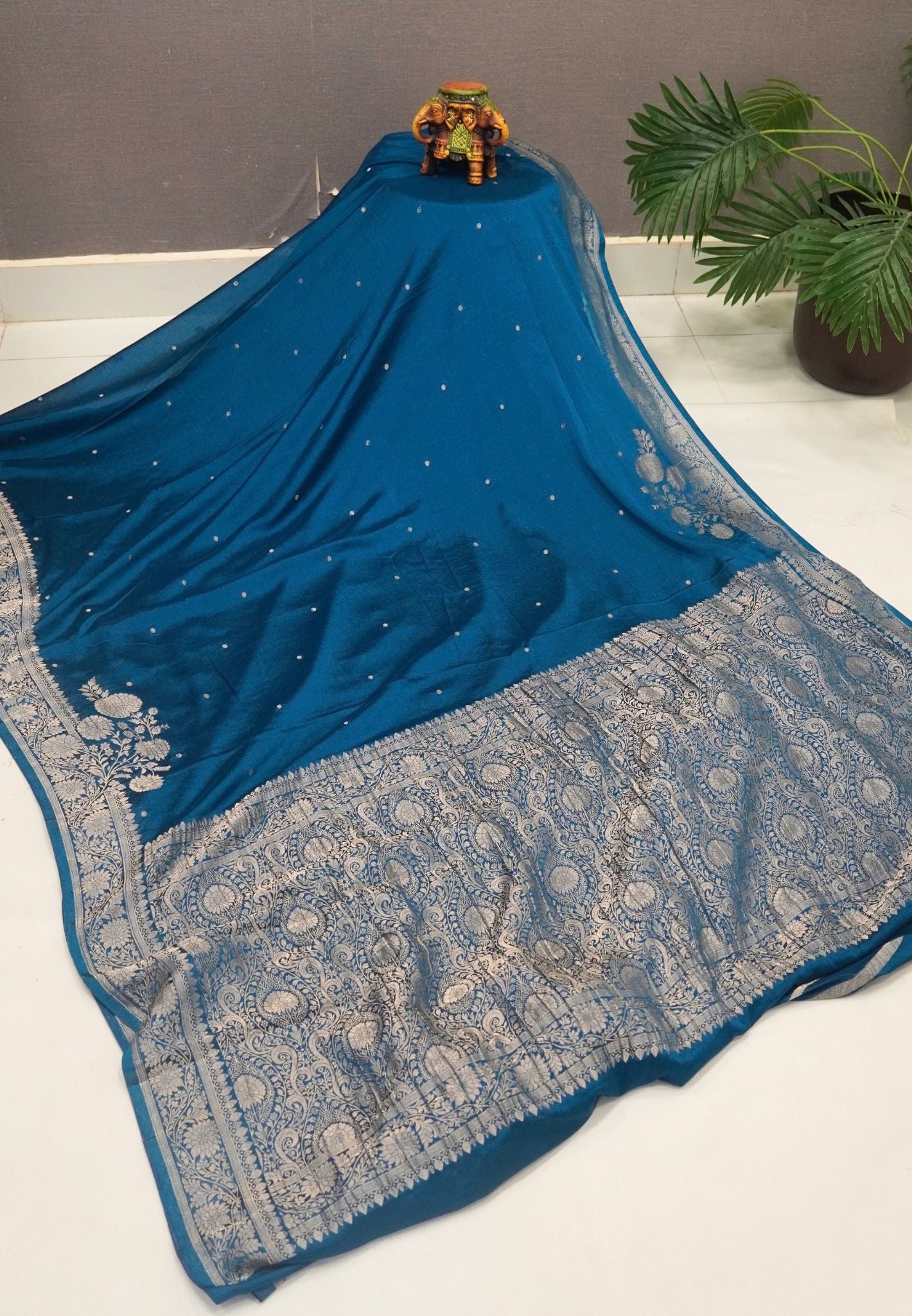 Chinon Silk Saree-Peacock Blue with Antique Floral Border