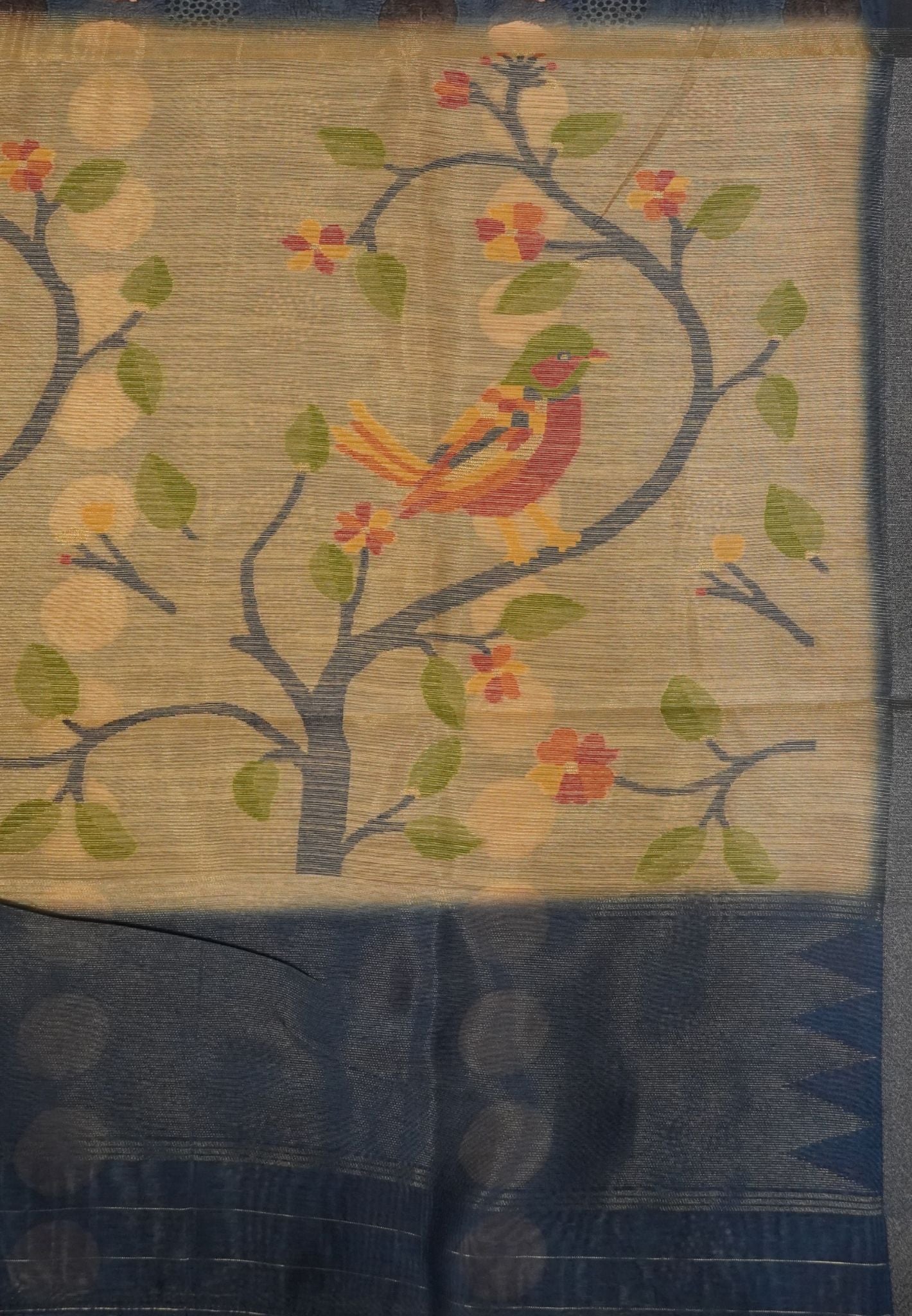 Chanderi Silk Saree - Blue with polka dots and jamdani pallu