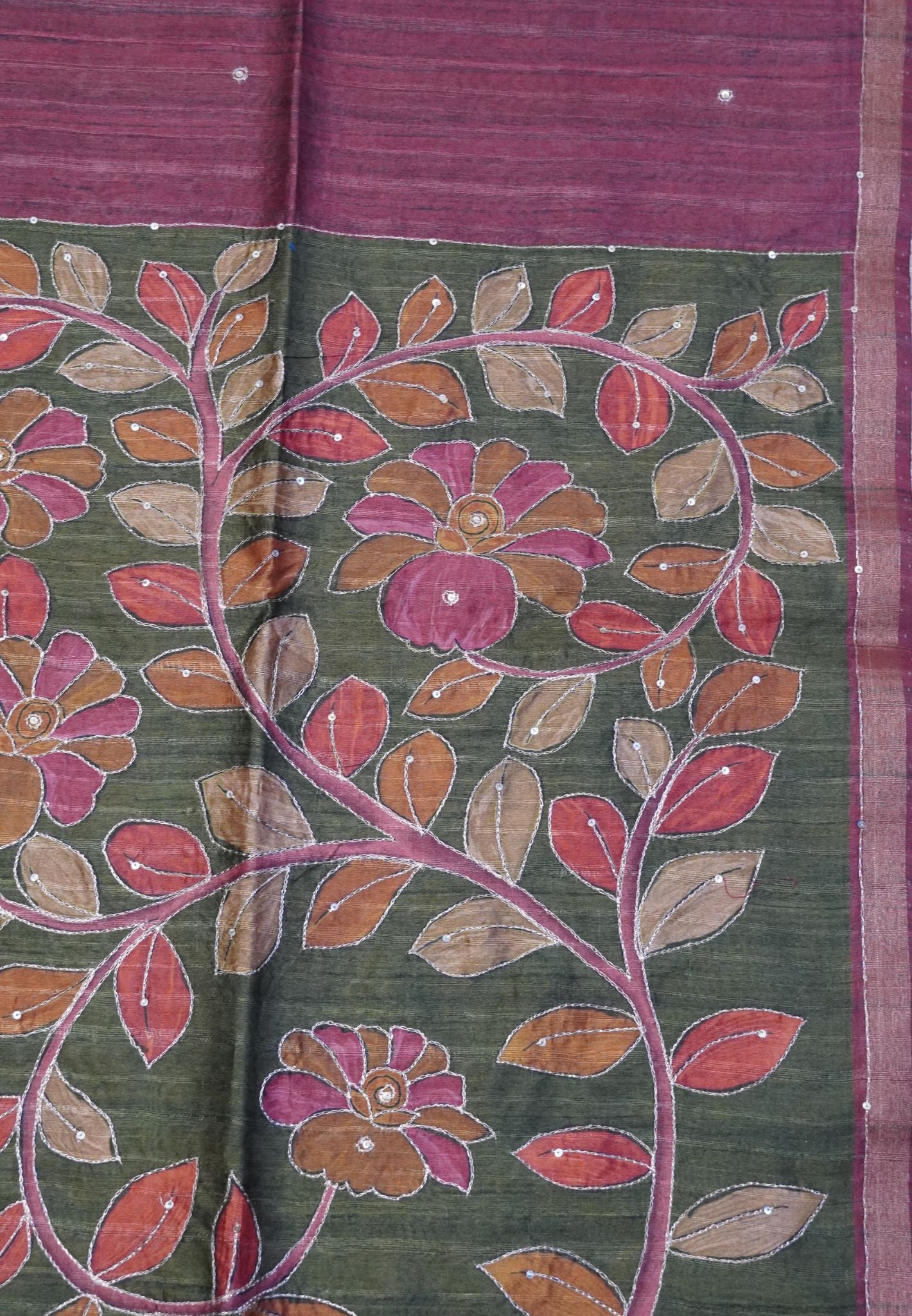 Semi Tussar Saree - Mayil Katch Work Maroon