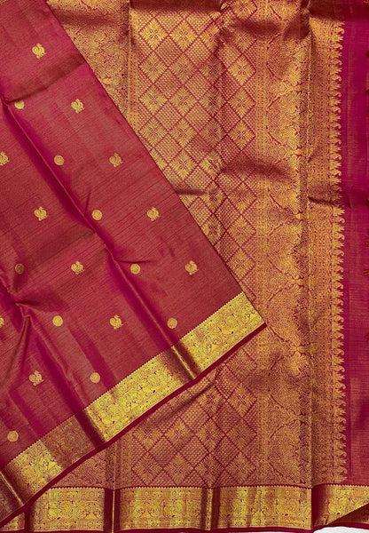 Pure Kanchipuram Silk Saree-Rani Pink in Vairaoosi Pattern with Mayil Chakram Buttas