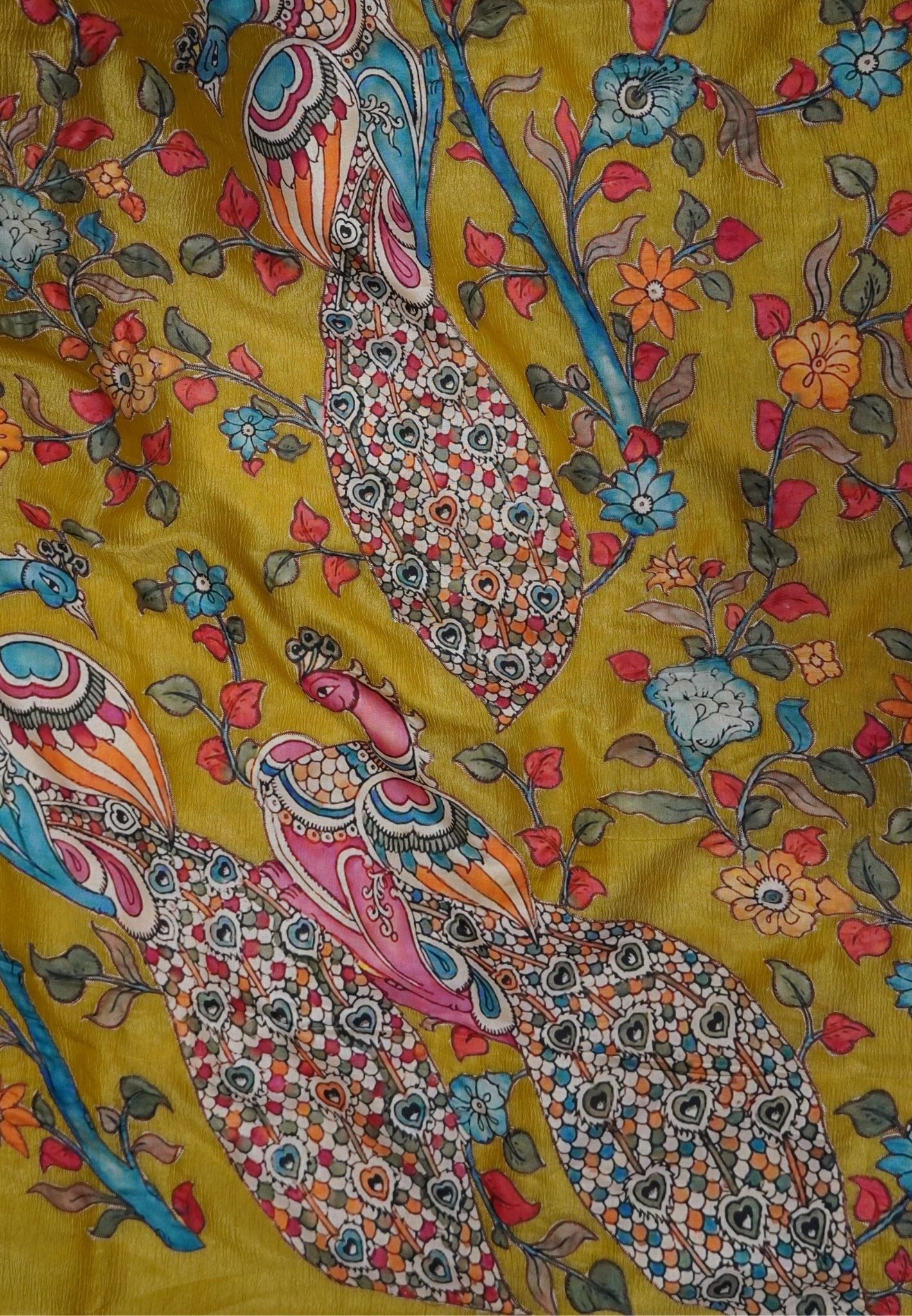 Crush Tissue Saree – Yellow Peacock Print