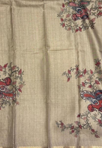Soft Tussar Saree-Black In Kalamkari Peacock Border