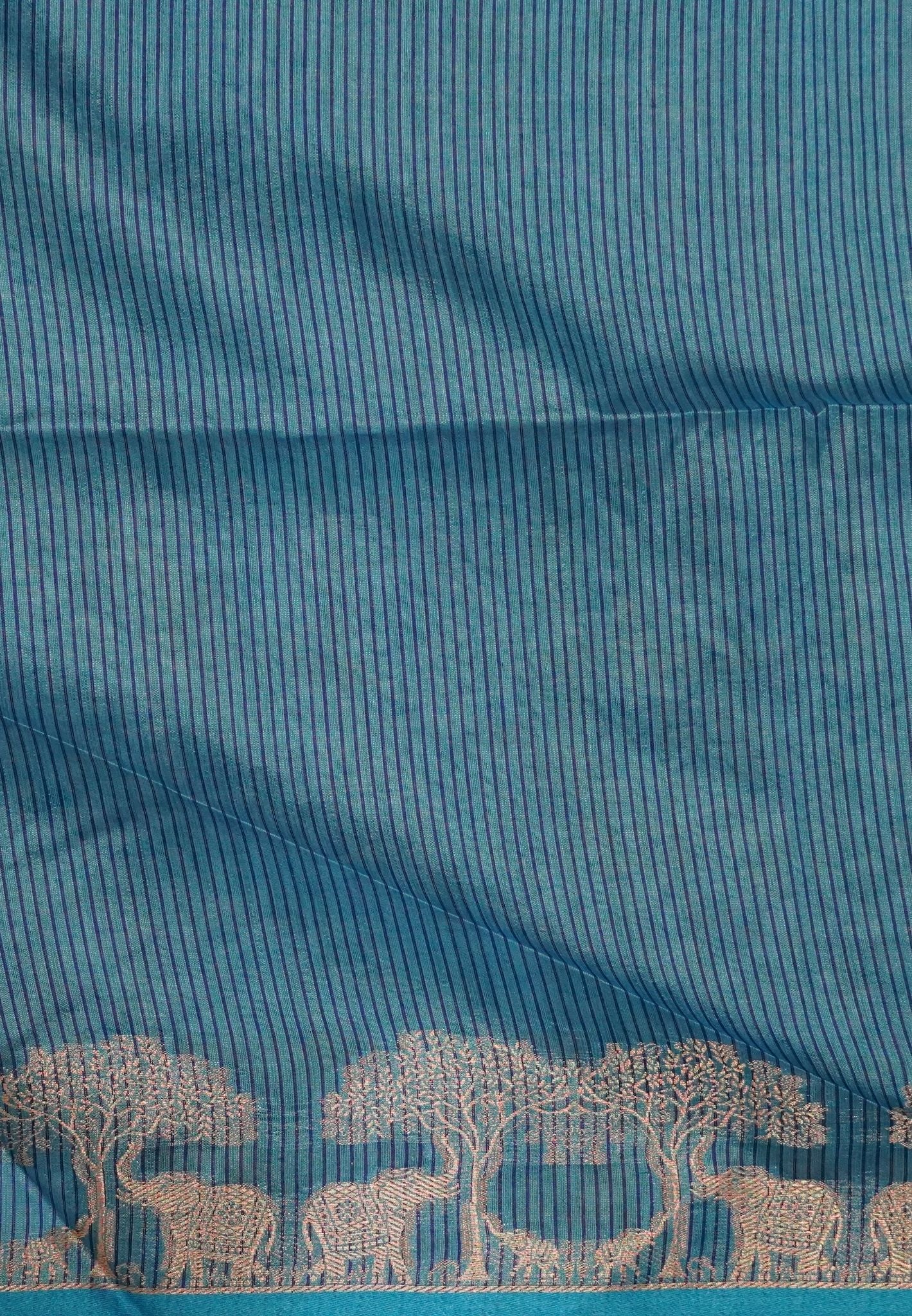 Raw Silk Saree-With Tree and Elephant-Blue