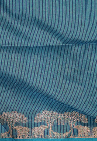 Raw Silk Saree-With Tree and Elephant-Blue