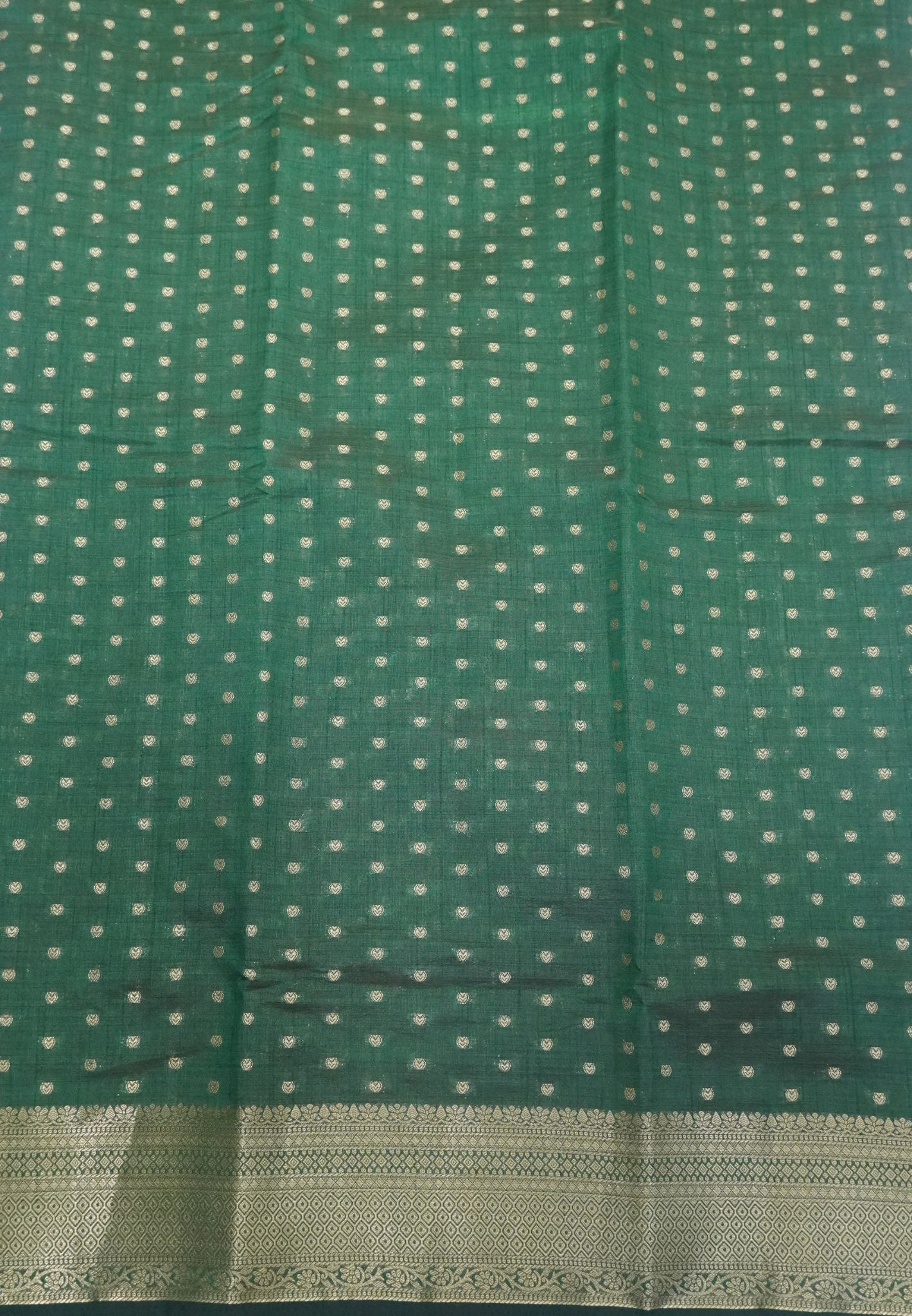 Semi Tussar Saree-Dark Green with Golden Zari Bud Buttas