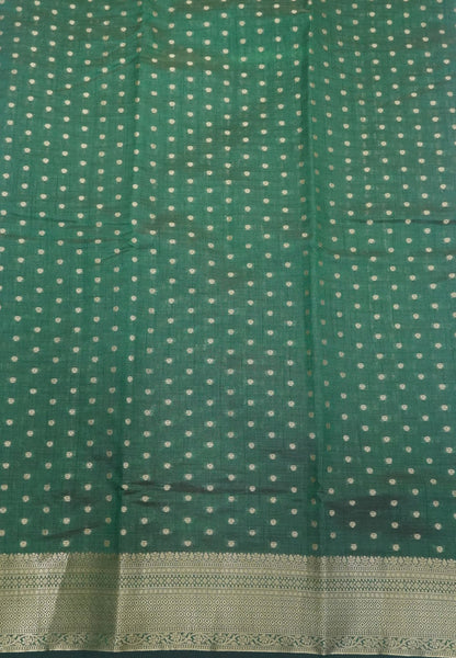 Semi Tussar Saree-Dark Green with Golden Zari Bud Buttas