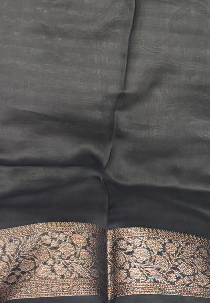 Pure Chanderi Saree-Black in Antique Zari Floral Brocade Border