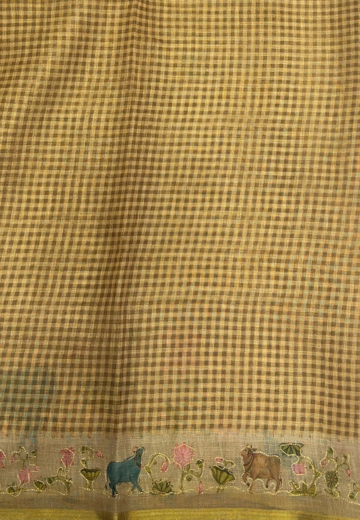 Tissue Linen Saree-Khaki in Pichwai Art Printed Border