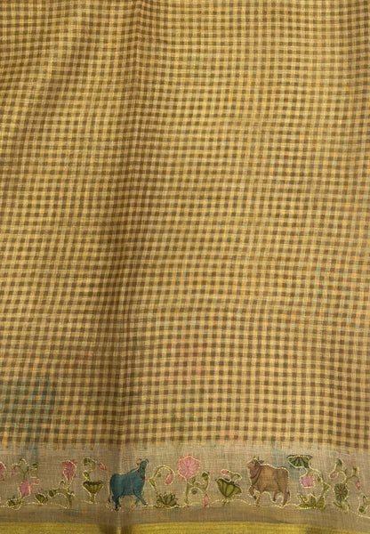 Tissue Linen Saree-Khaki in Pichwai Art Printed Border