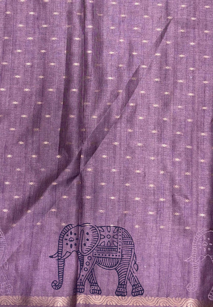 Semi Tussar Saree-Blue in Traditional Elephant Motif Zari with Contrast Border