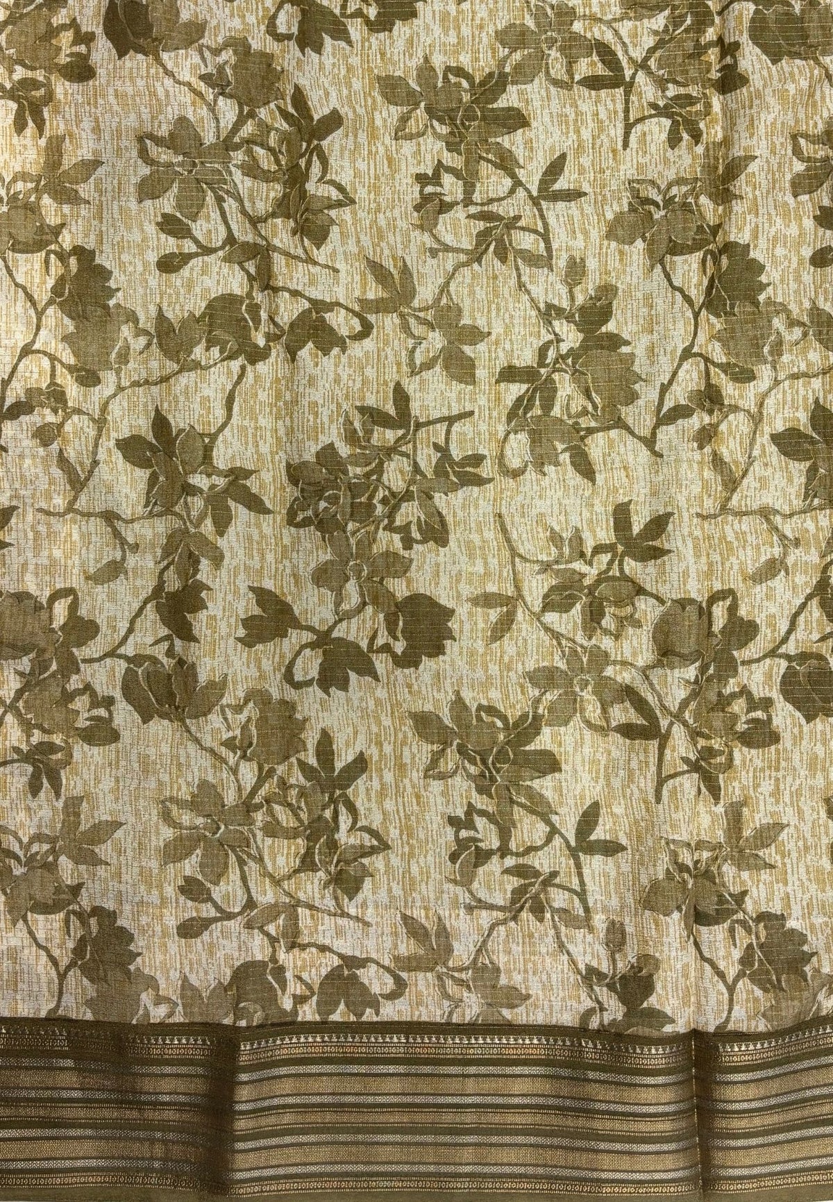 Muslin Tussar Saree-Olive Green In Floral Vine Border