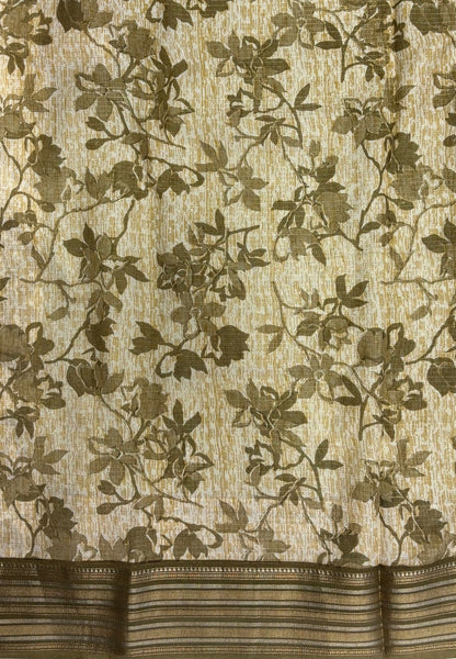 Muslin Tussar Saree-Olive Green In Floral Vine Border