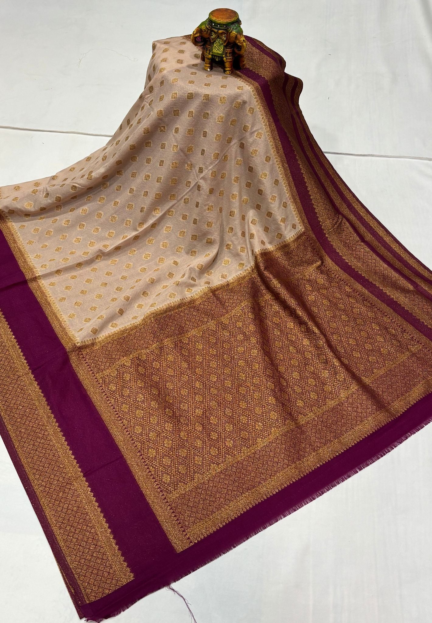 Banarasi Crepe Saree-Sandal in Mini Zari Butta with Retepet Border
