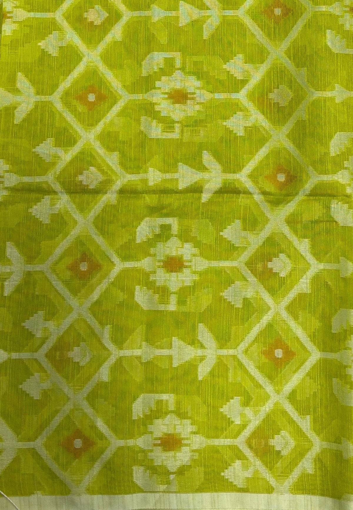 Handloom Cotton Saree-Flurcnt Green in Diamond Pattern Border
