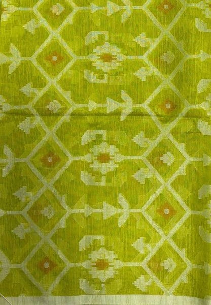 Handloom Cotton Saree-Flurcnt Green in Diamond Pattern Border