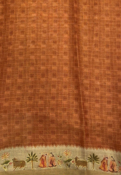 Tissue Linen Saree-Honey in Traditional Tribal Art Printed Border