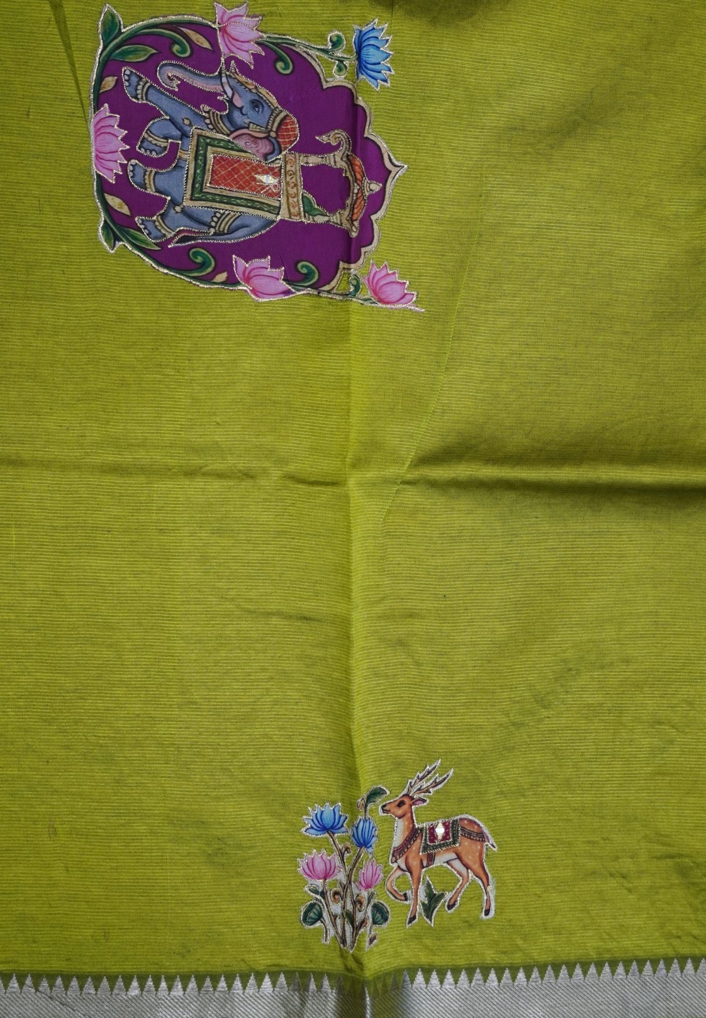 Pure Mangalgiri Silk Saree-Light Green with Appliqué Work