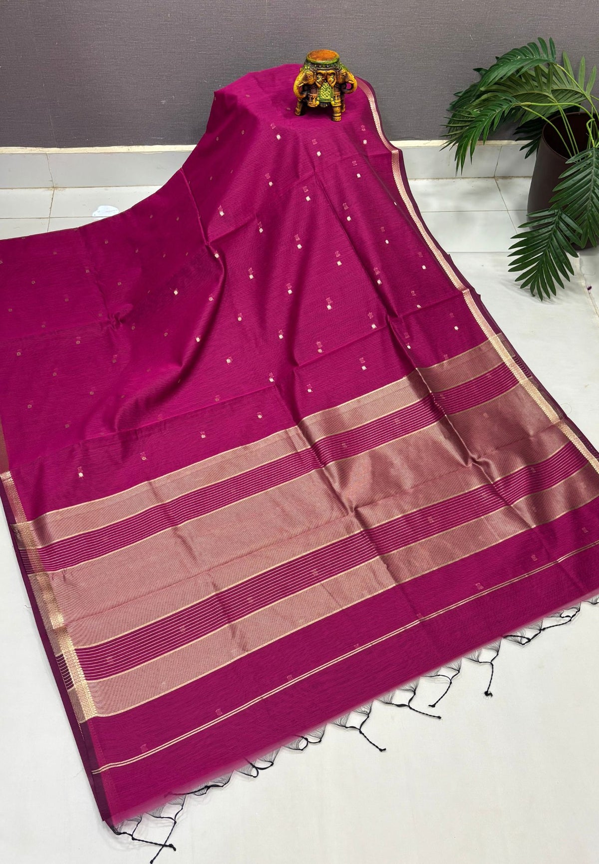 Semi Maheswari Saree-Magenta In Double Line Zari Stripe Border
