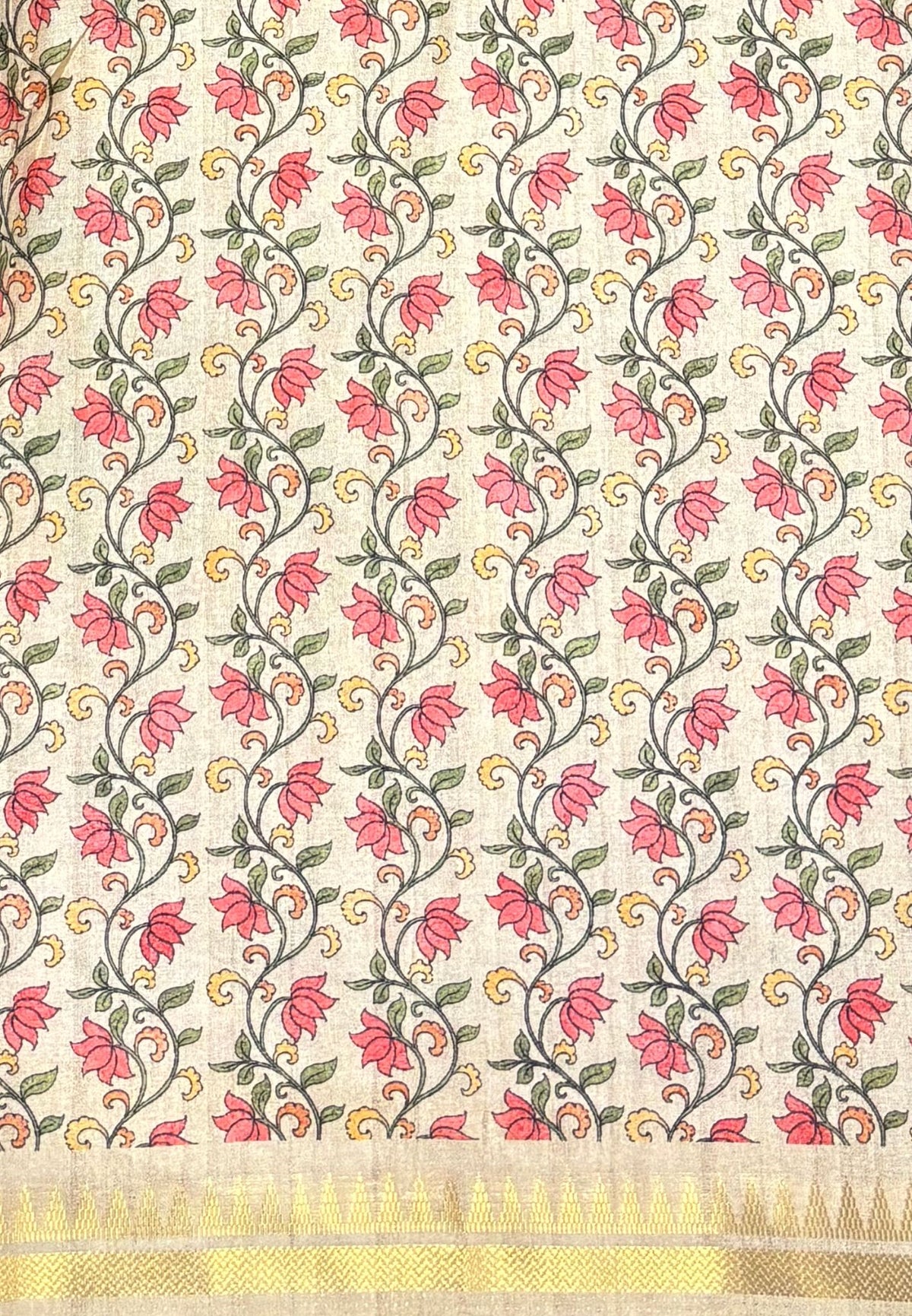 Semi Tussar Saree-Yellow in Madras Checks with Peacock Floral Border