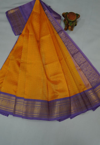 Pure Silk Cotton Saree-Yellow in Golden Zari Checks with Contrast Border