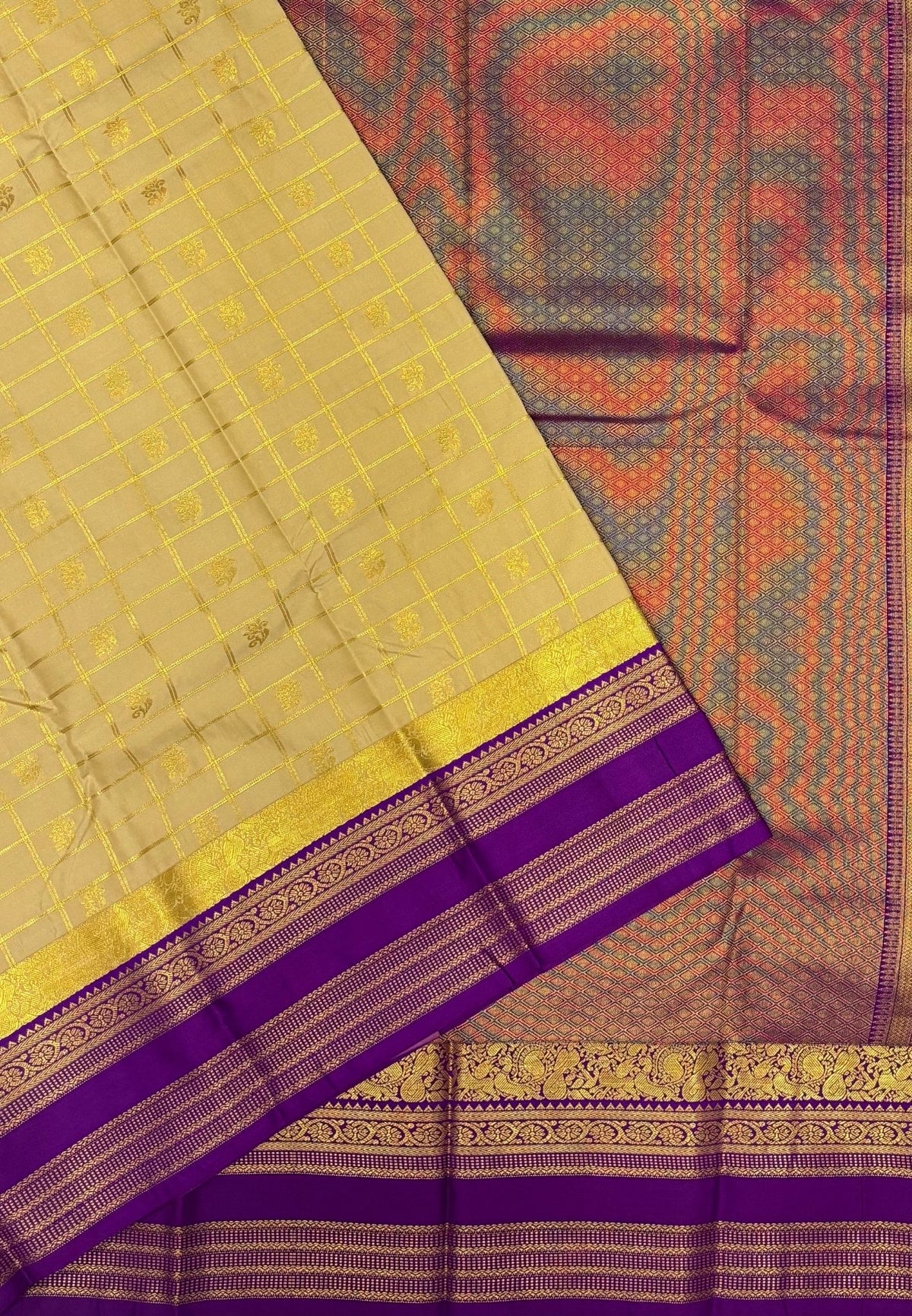 Budget Kanchipuram Saree-Cream In Floral Zari Panel Border