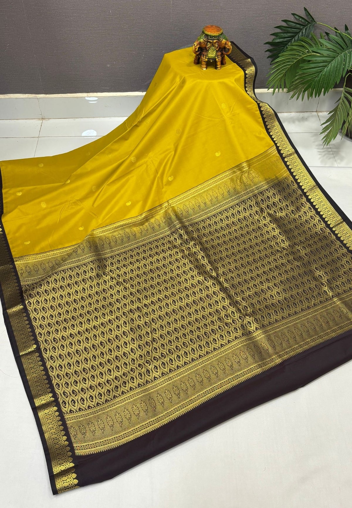 Budget Kanchipuram Saree-Yellow with Contrast Border