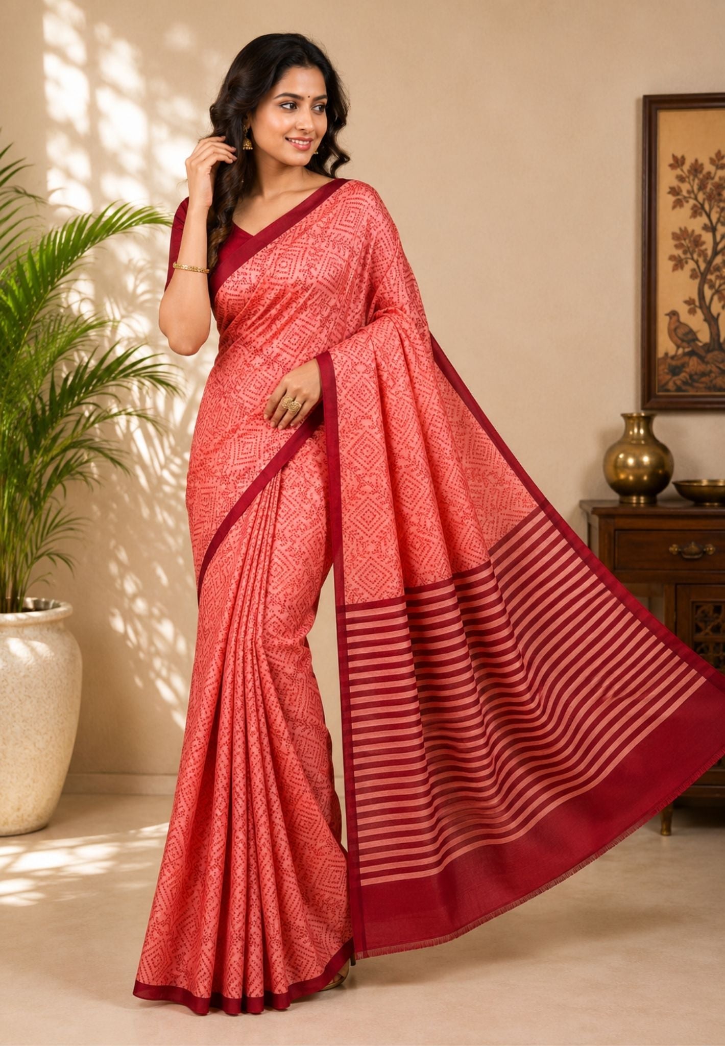 Pure Tussar Saree-Redish Peach in Bandhini Pattern
