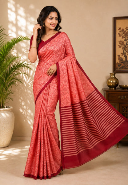 Pure Tussar Saree-Redish Peach in Bandhini Pattern