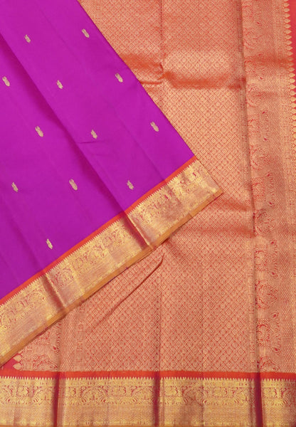 Pure Kanchipuram Silk Saree-Magenta with Orange Jacquard Border