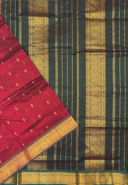Silk Cotton Saree–Chilli Red-Green in Mini Buttas with Contrast Border