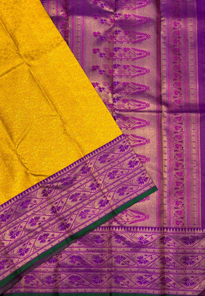Pure Kanchipuram Silk Saree-Yellow in Floral Geometric Panel Zari with Contrast Border