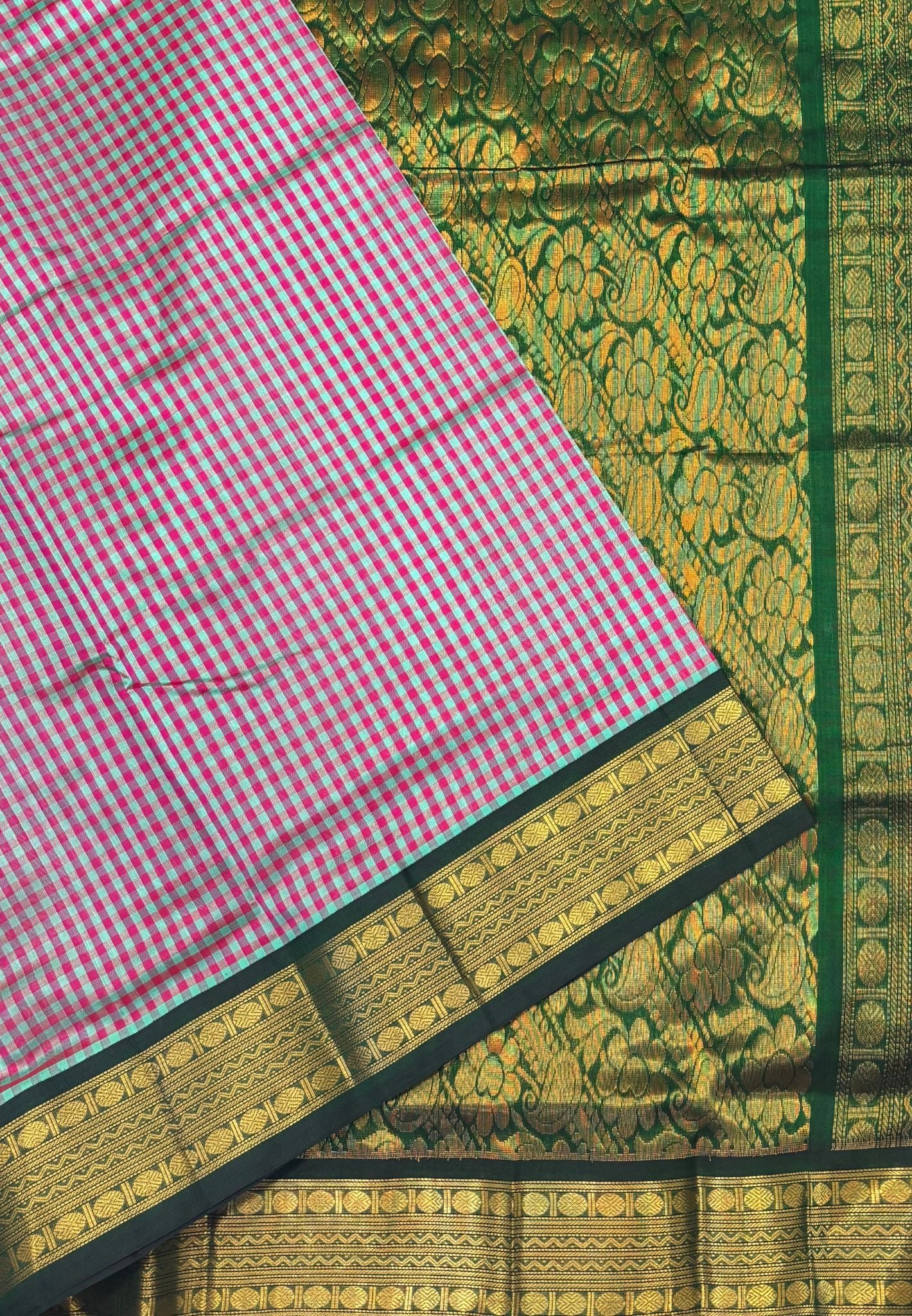 Pure Silk Cotton Saree-Green In Kalyani Zari With Contrast Border
