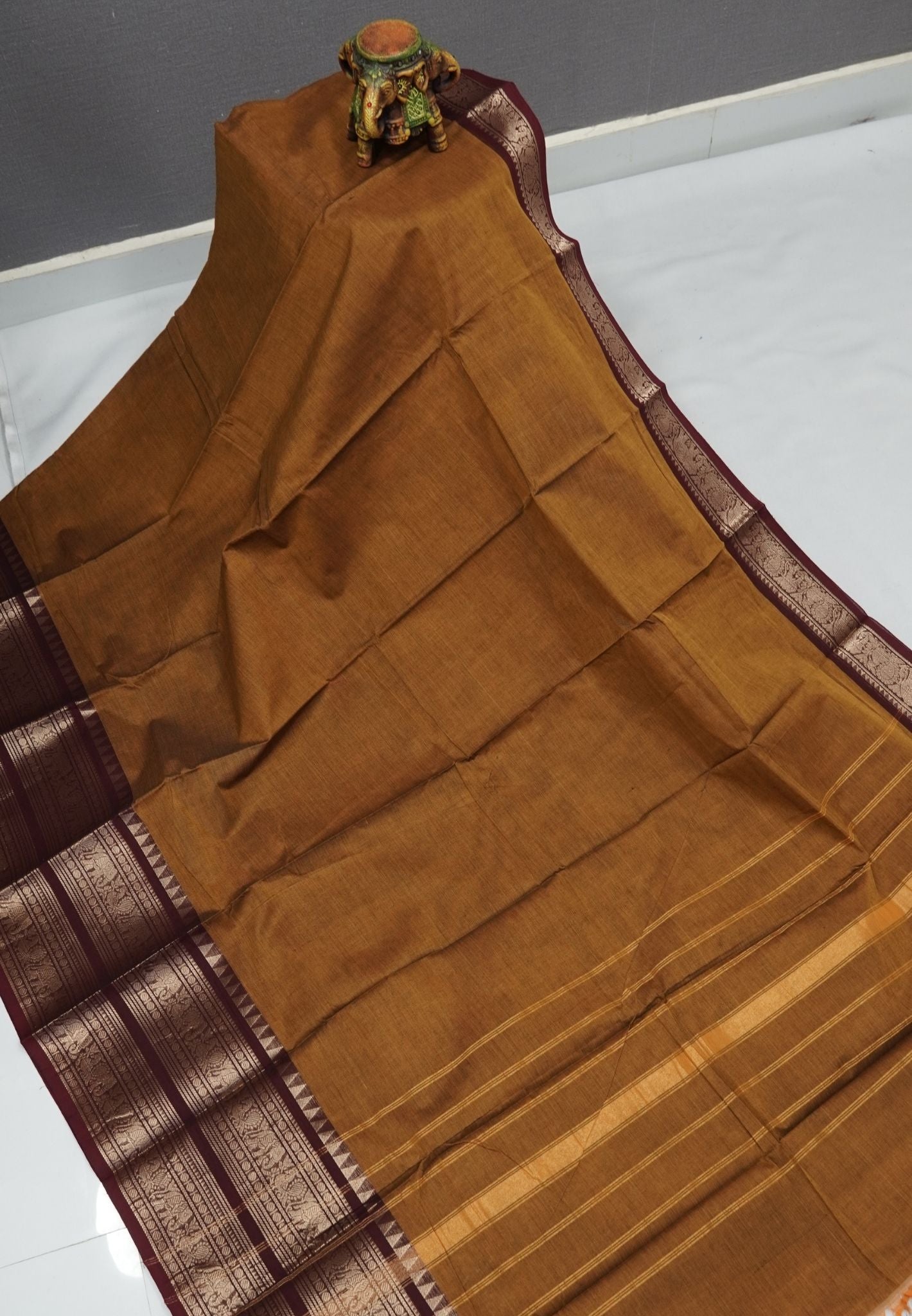 Chettinadu Cotton Saree-Dark Mustard with Double Border