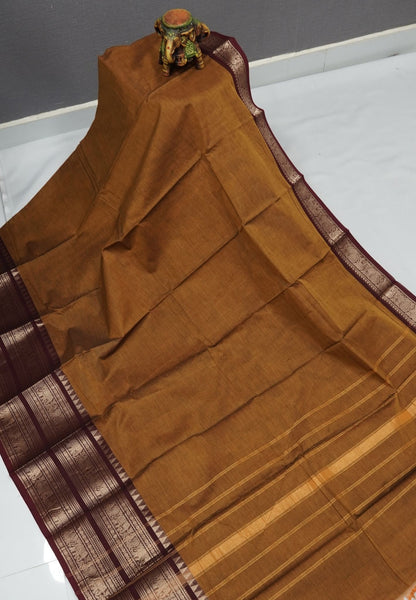 Chettinadu Cotton Saree-Dark Mustard with Double Border