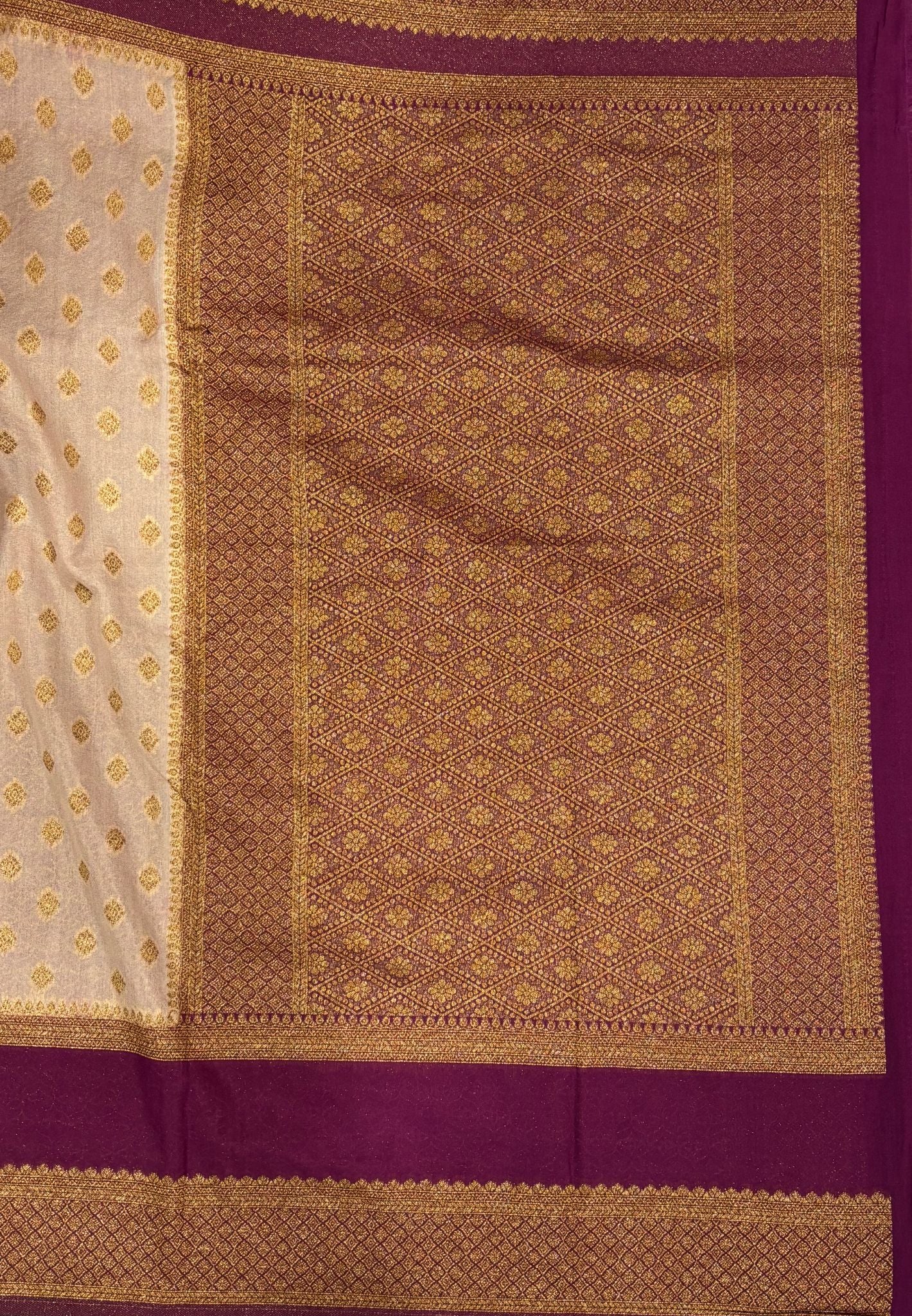 Banarasi Crepe Saree-Sandal in Mini Zari Butta with Retepet Border