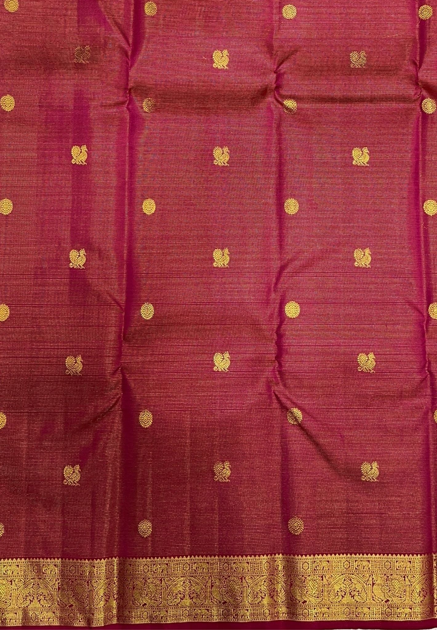 Pure Kanchipuram Silk Saree-Rani Pink in Vairaoosi Pattern with Mayil Chakram Buttas