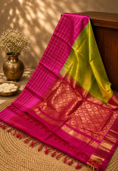 Silk Cotton Saree-Olive Green with Checkered Pink Border