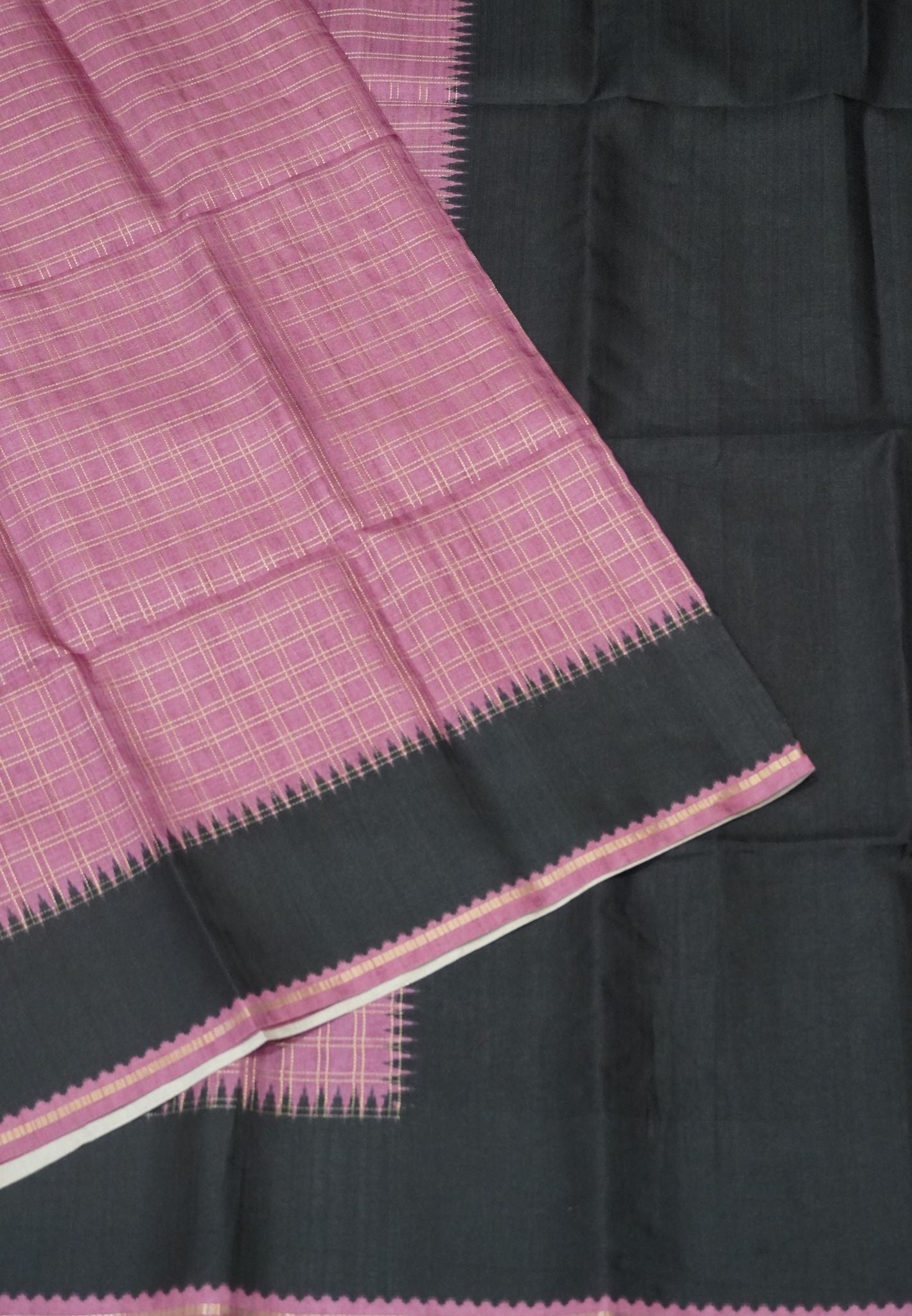 Semi Matka Tussar Saree-Muted Wine with Contrast Border and Zari Checks