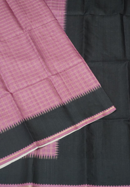 Semi Matka Tussar Saree-Muted Wine with Contrast Border and Zari Checks