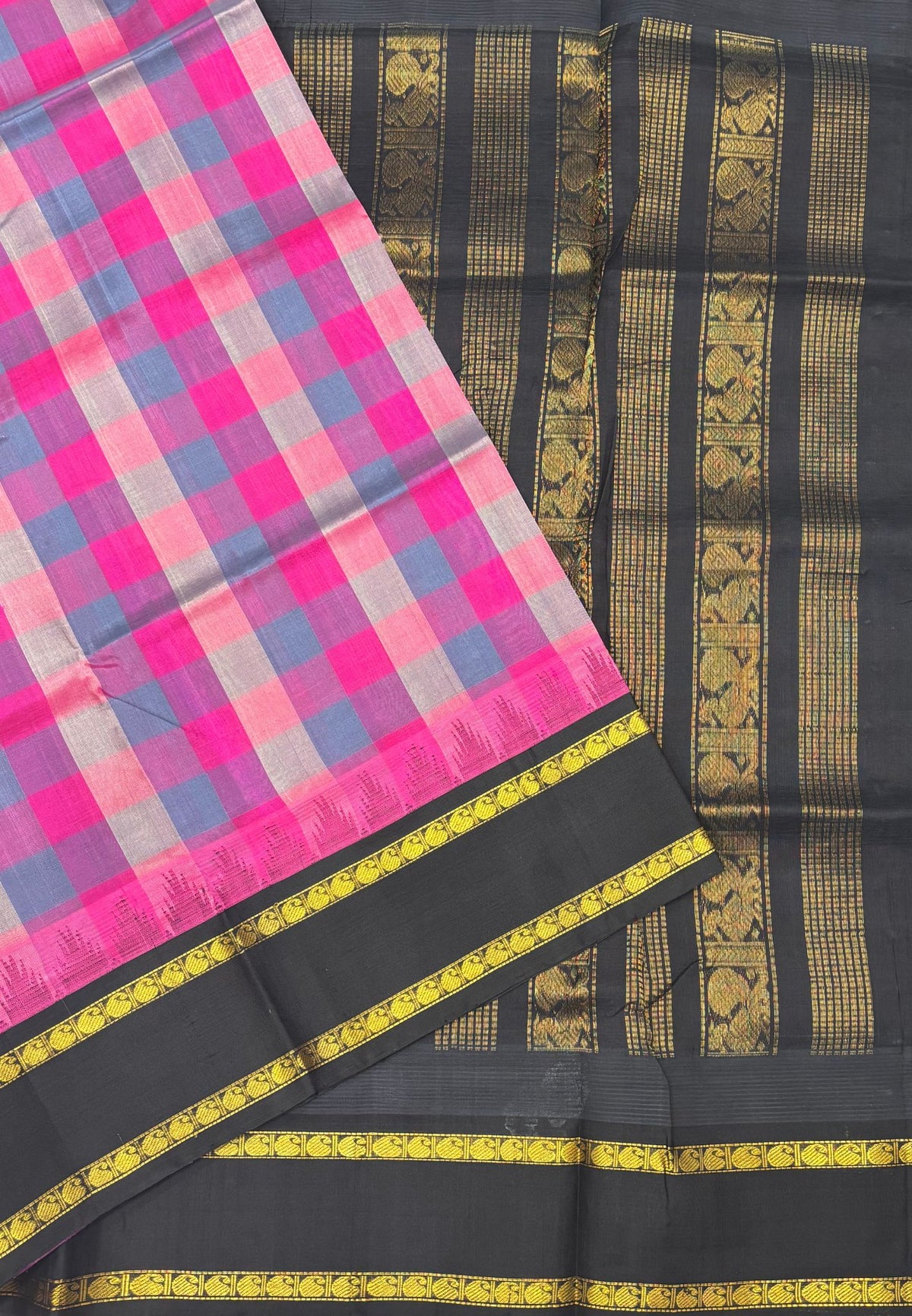 Pure Silk Cotton Saree–Pink in Checked Zari with Contrast Border