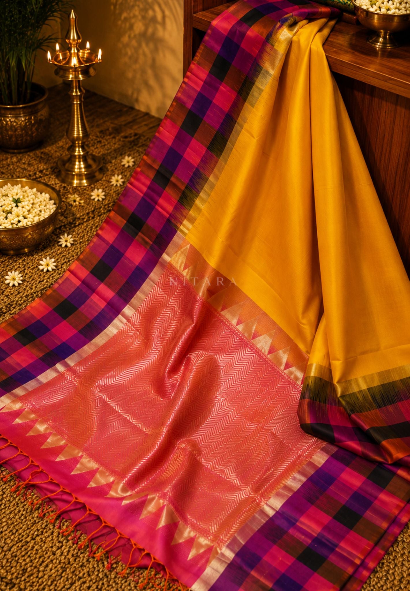 Pure Kanchipuram Silk Saree-Mango Yellow with Big Checkered Border