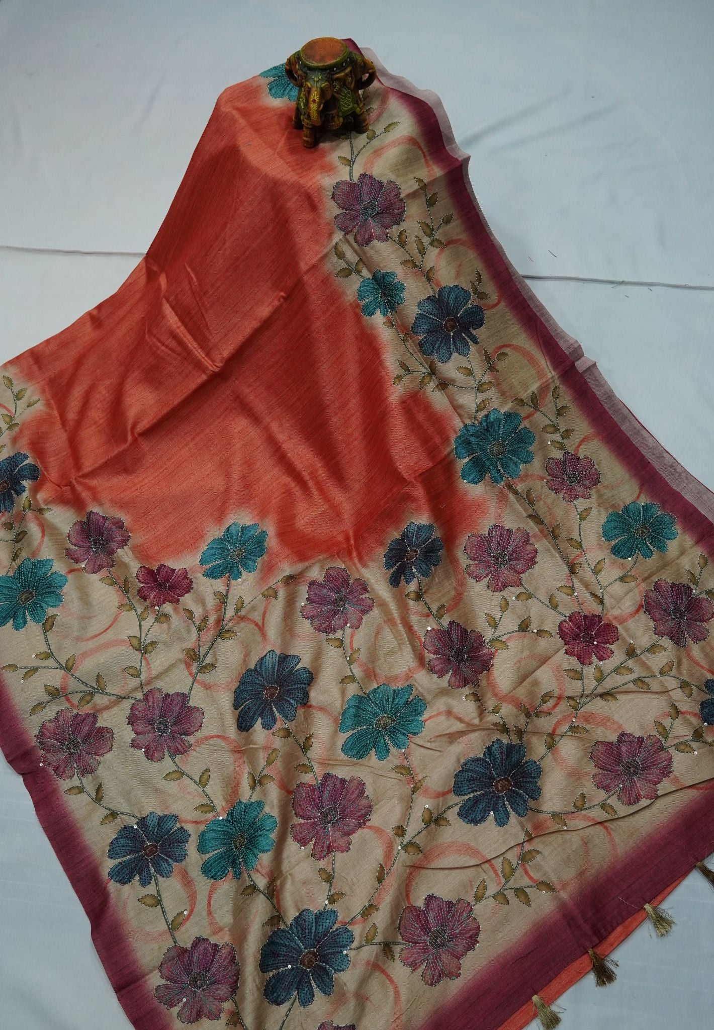 Semi Tussar Saree-Orange with Kantha Work