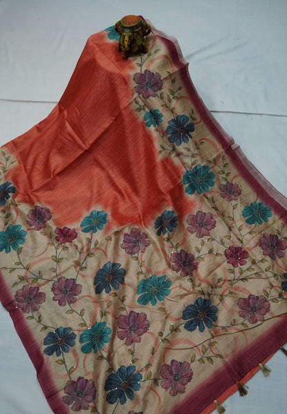 Semi Tussar Saree-Orange with Kantha Work