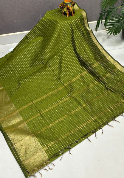 Handloom Cotton Saree-Olive Green in 1000 Butta Pattern
